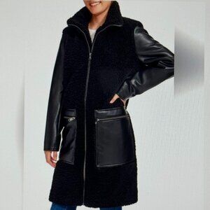 Andrew Marc Ladies Faux Leather Mixed Media  Sherpa Coat NEW WITH TAGS